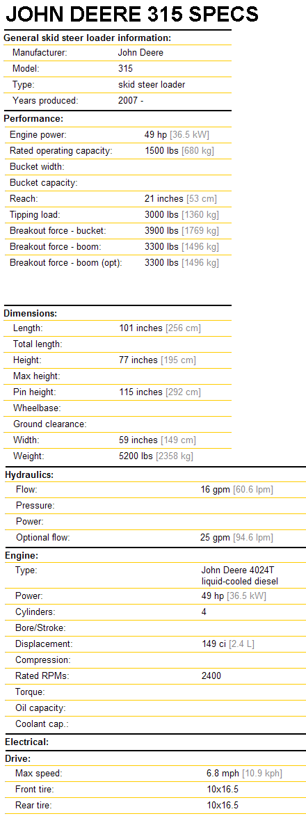 John Deere 315 Specifications