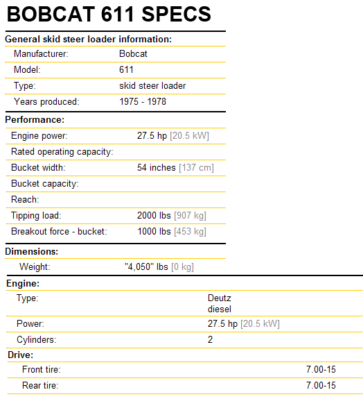 Bobcat 611 Specifications