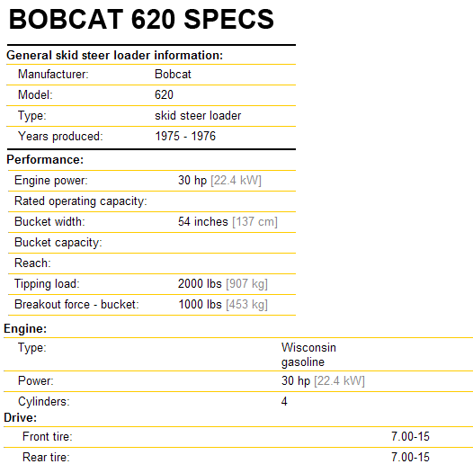 Bobcat 620 Specifications