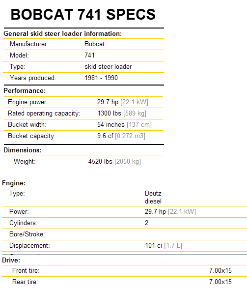 Bobcat 741 Specifications