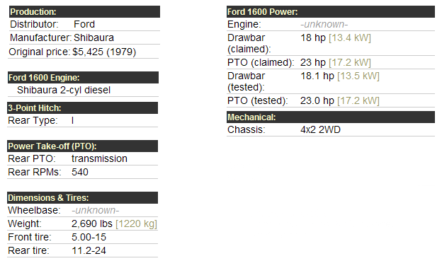 Ford 1600 tractor specs