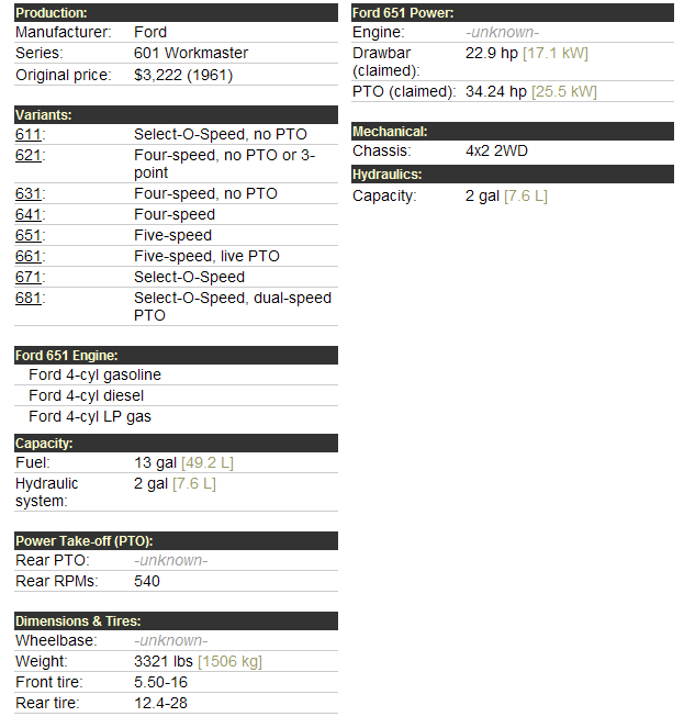 Ford 651 Specifications