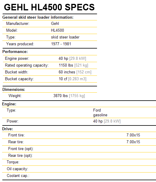 Gehl HL4500 Specifications