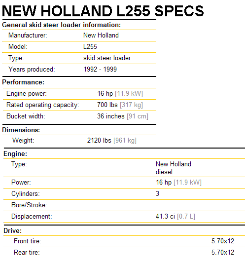 New Holland L255 Specifications