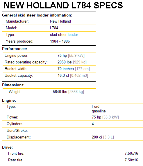 New Holland L784 Specifications