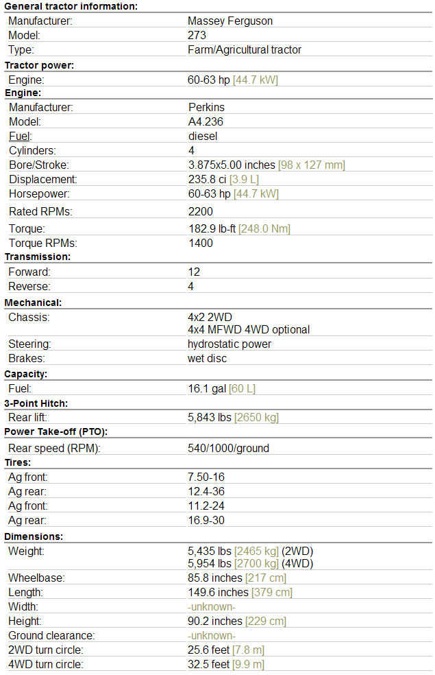 Massey Ferguson 273 Specifications