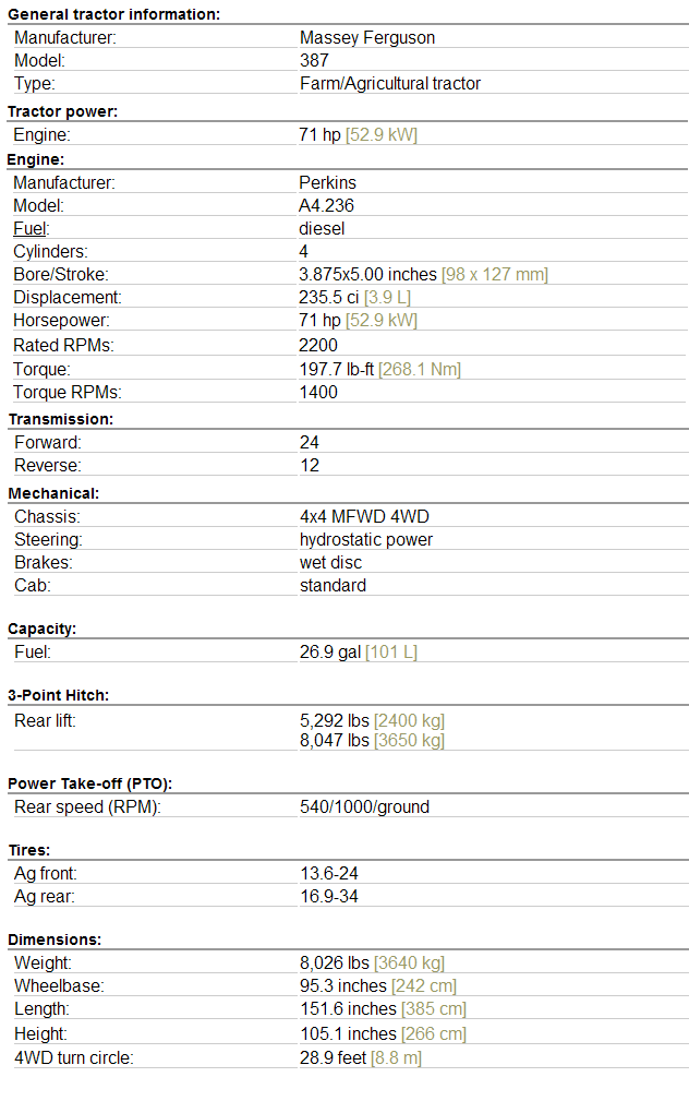 Massey Ferguson 387 Specifications