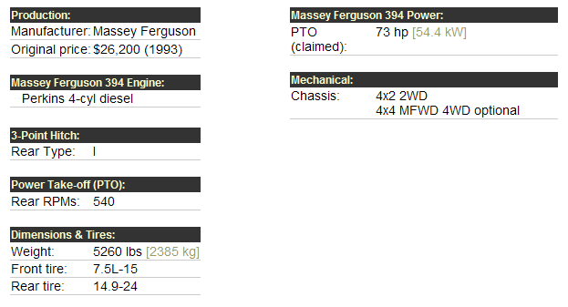 Massey Ferguson 394 Tractor Specifications